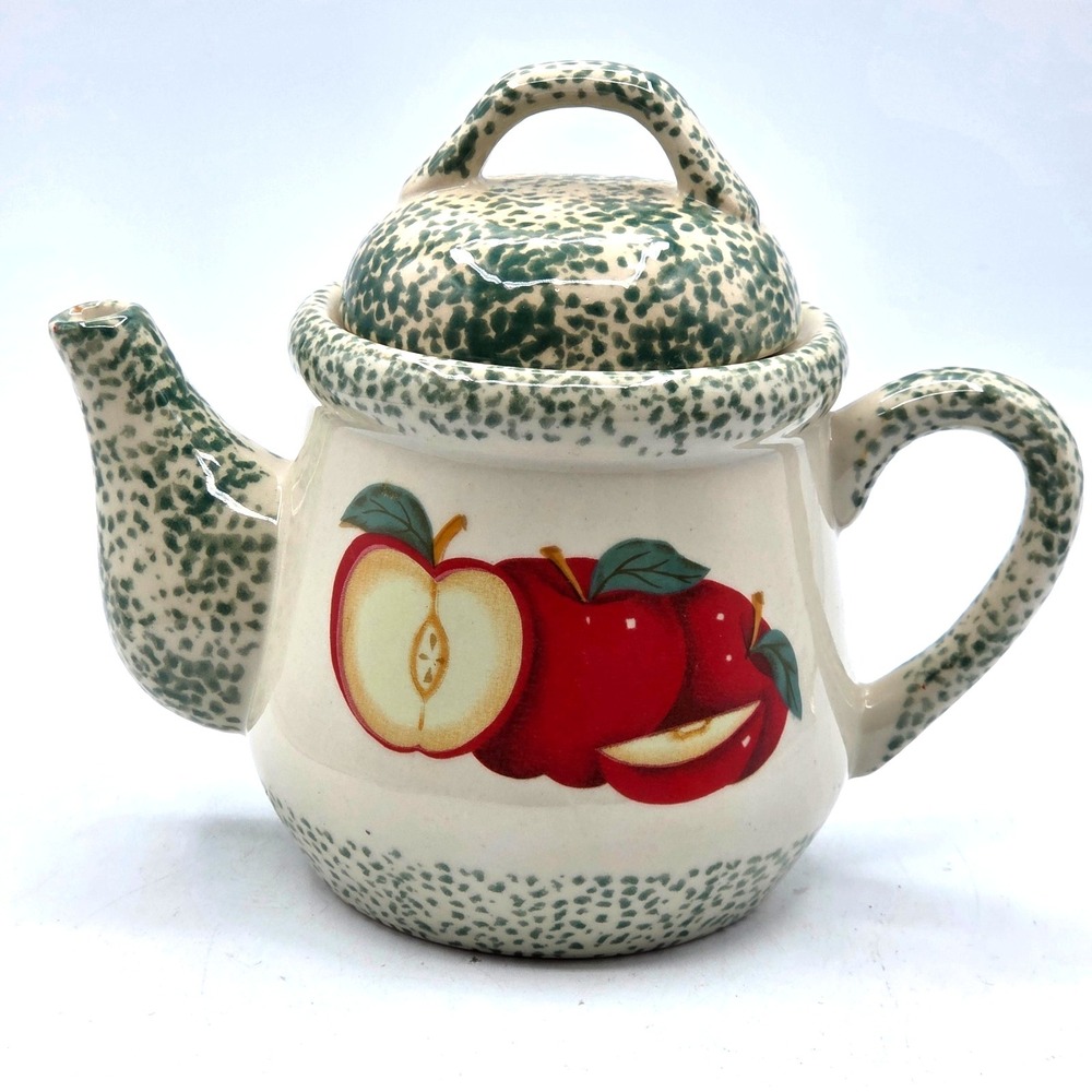 Vintage 1996 Tender Heart Treasures Ceramic Teapot Red Apples & Green Spongeware